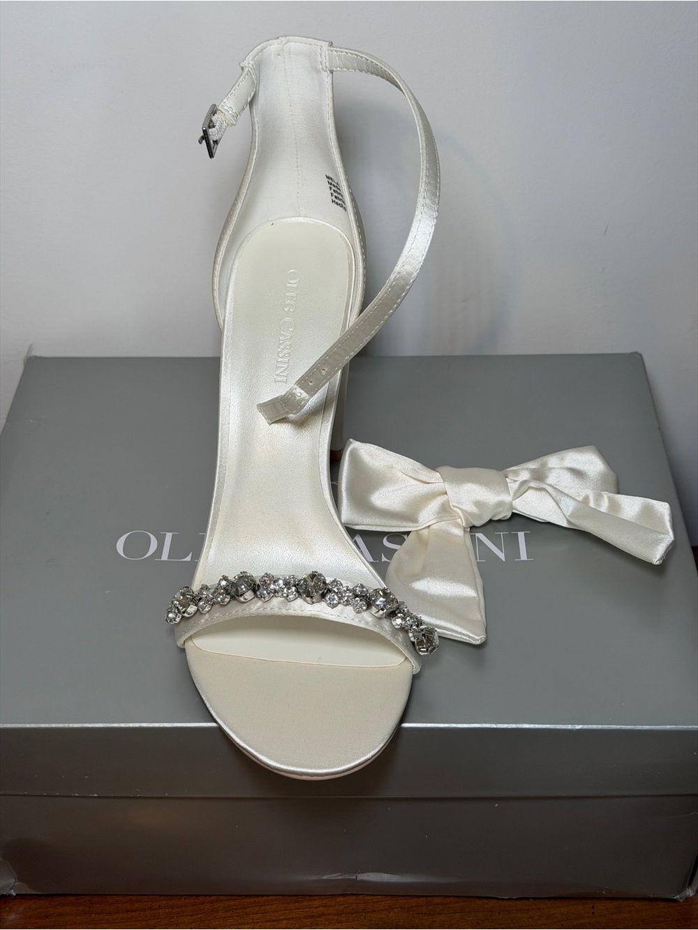 Oleg Cassini Ivory Satin Crystal-Embellished Ankle-Strap Heel